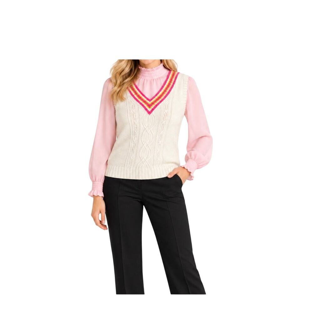 Liz Claiborne Sweater Vest Size S White Sleeveless V-Neck Preppy Vintage Y2K